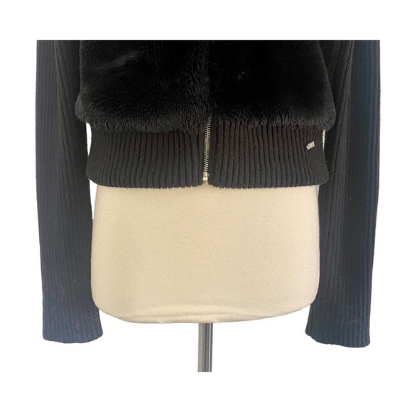 Guess Jean’s GLAMOUR Black Faux Fur Sweater Knit Zip Up Jacket Size M - Picture 3 of 11